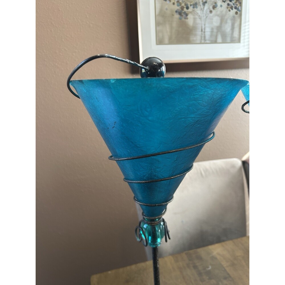 Set of 2 Vintage,  Teal Martini Glass Lamps, MCM Style.  Fiberglass Shades 18” - Picture 2 of 9
